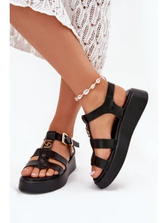 Sandały Damskie Na Platformie Ze Złotym Detalem Czarne Fevire