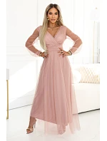 Dlouhé maxi šaty s rukávy a obálkovým výstřihem pudrově růžové model 22046066 - numoco basic