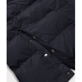 Tmavomodrá dlhá dámska zimná bunda s kožušinovou podšívkou (2M-025)