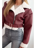 Dámsky pilot z ekokože s kožušinou a opaskom bordovej farby