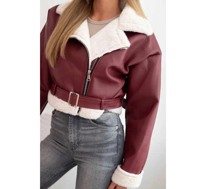 Dámsky pilot z ekokože s kožušinou a opaskom bordovej farby