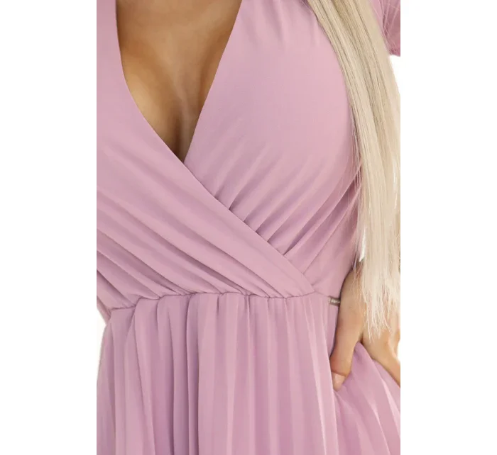 313-16 ISABELLE Poľsko plisované šaty s dlhými rukávmi a výstrihom - púdrovo ružové 313-16 ISABELLE Poľsko plisované šaty s dlhými rukávmi a výstrihom - púdrovo ružové