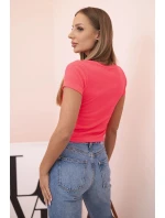 Dámská pruhovaná blůza s V výstřihem a krátkým rukávem neonově růžová
