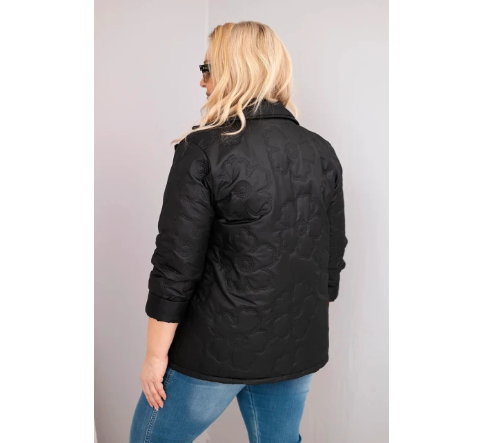 Dámske Plus veľkosť prešívaná bunda s kvetmi s golierom a vreckami čierna