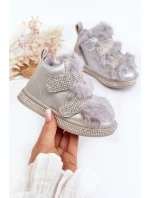 Skórzane Dziecięce Śniegowce Ocieplane Srebrne Leela Skórzane Dziecięce Śniegowce Ocieplane Srebrne Leela