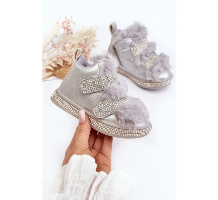 Skórzane Dziecięce Śniegowce Ocieplane Srebrne Leela Skórzane Dziecięce Śniegowce Ocieplane Srebrne Leela