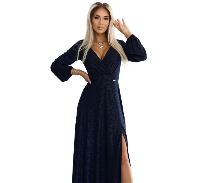 Tmavě modré lesklé dlouhé dámské šaty s výstřihem a dlouhými rukávy model 20614736 - numoco