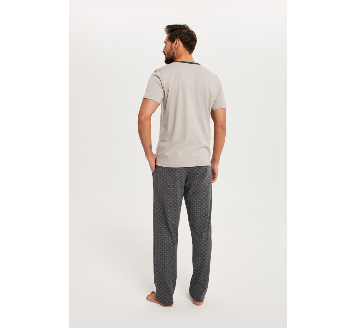 Pánske pyžamo Abel, krátky rukáv, dlhé nohavice - béžová/potlač