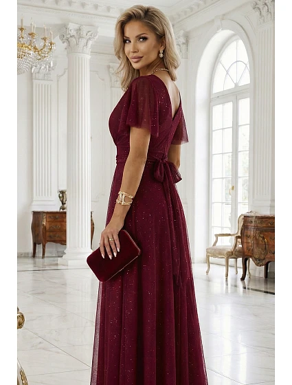 Dlouhé lesklé šaty  vínové  model 22018568 - numoco