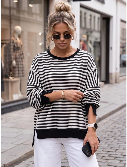 Dámska bavlnená mikina oversize s pruhmi Azara, čierna, FashionStreet RY2934 Dámska bavlnená mikina oversize s pruhmi Azara, čierna, FashionStreet RY2934