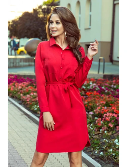 CAMILLE - Červené dámske košeľové šaty so zaväzovaním 284-1 CAMILLE - Červené dámske košeľové šaty so zaväzovaním 284-1