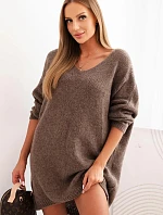Dámske vlnené sveterové šaty vo veľkosti Plus Size s výstrihom do V v odtieni fango