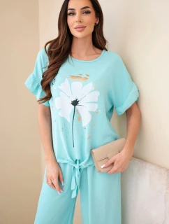 Dámska súprava z viskózy s potlačou blúzky a nohavíc mätovej farby