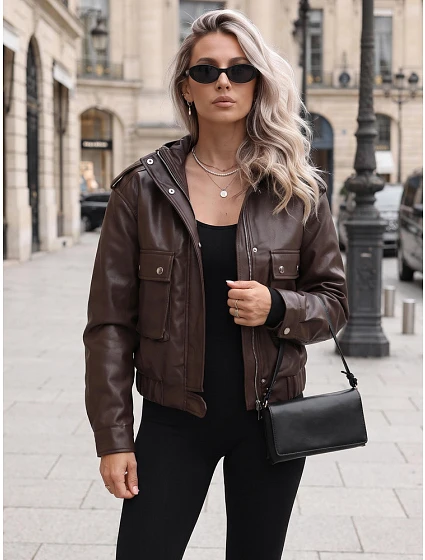 Kurtka damska skórzana z kapturem brązowa model 22341135 - FashionStreet