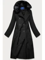 Dlhý čierny kabát s kožušinovým golierom (20201202)