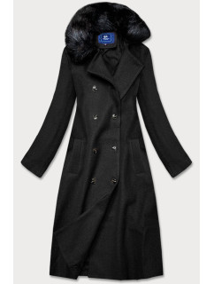 Dlhý čierny kabát s kožušinovým golierom (20201202)