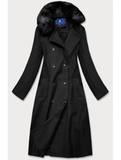 Dlhý čierny kabát s kožušinovým golierom (20201202)