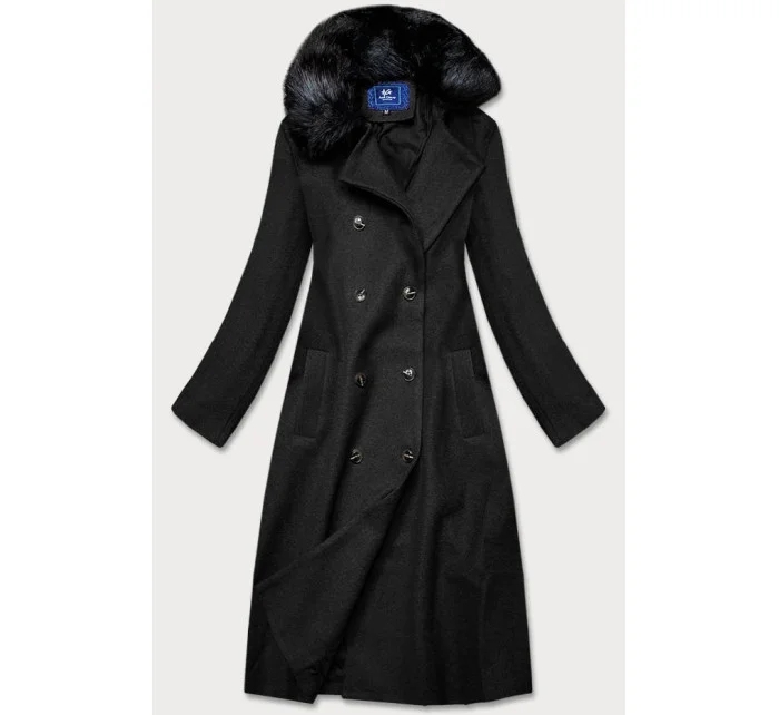 Dlhý čierny kabát s kožušinovým golierom (20201202)