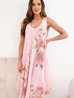 Dámske bavlnené oversize šaty s véčkovým výstrihom a kvetinovou potlačou svetloružovej farby