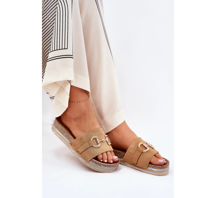 Klapki Damskie Na Platformie Ze Złotą Ozdobą I Brokatem Camel Morisela