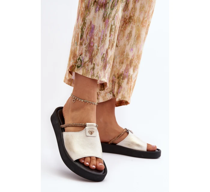 Zazoo 2896 Klapki Damskie Skórzane Biało-Złote