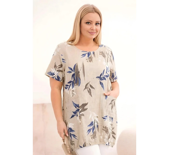 Dámska bavlnená blúzka s krátkymi rukávmi a kravatou dole béžová