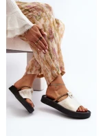 Zazoo 2896 Klapki Damskie Skórzane Biało-Złote