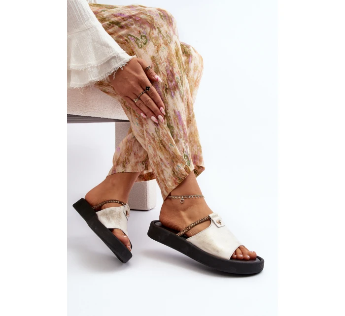 Zazoo 2896 Klapki Damskie Skórzane Biało-Złote