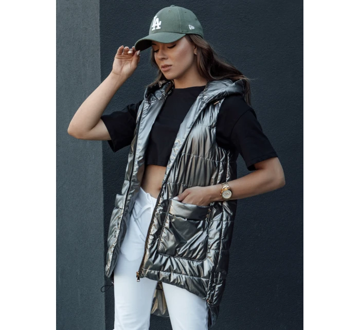 Dámská prošívaná dlouhá vesta s kapucí tmavě šedá Dstreet model 21979290 - FashionStreet