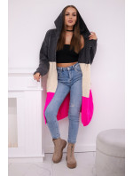 Pruhovaný sveter s kapucňou grafitová + béžová + neónovo ružová