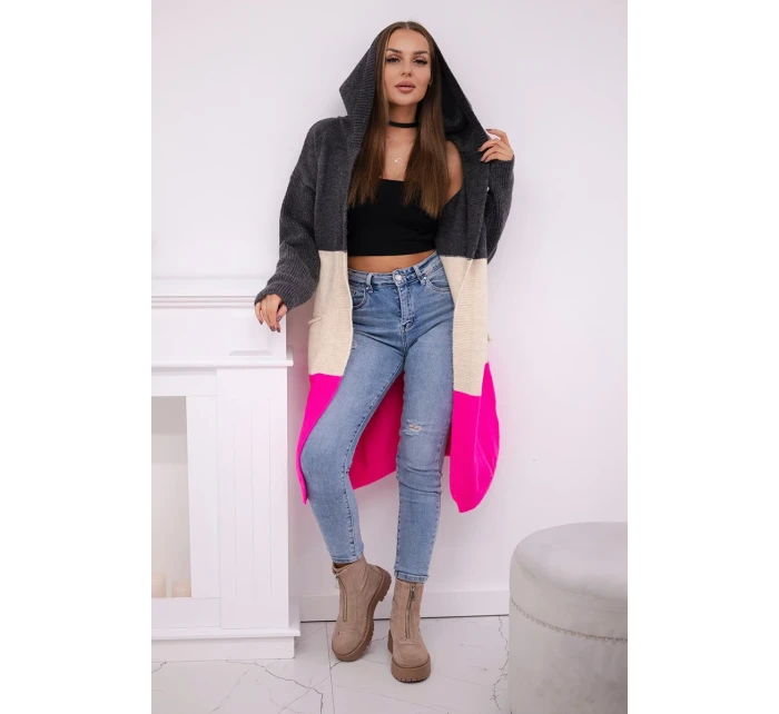 Pruhovaný sveter s kapucňou grafitová + béžová + neónovo ružová