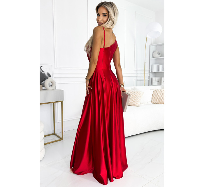 Dlhé elegantné saténové šaty na jedno rameno Numoco - červené
