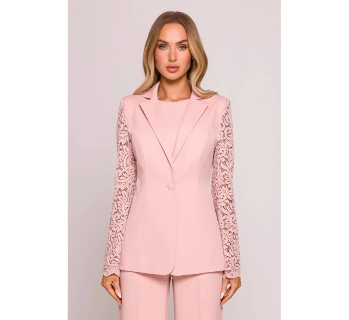 Dámské sako s krajkovými rukávy model 21857561 Pudr růžová - Moe