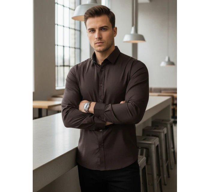 Pánská elegantní hladká tmavě hnědá košile SLIM FIT Dstreet model 21995794 - FashionStreet