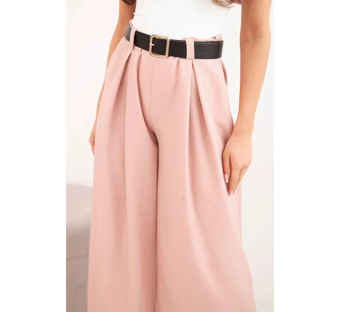Dámske nohavice so širokými nohavicami a opaskom tmavo púdrovo ružovej farby
