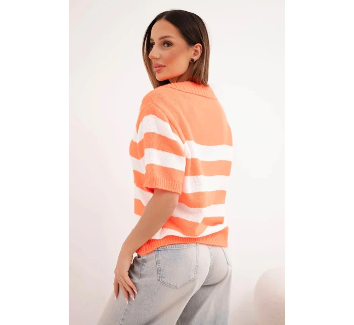 Dámsky pruhovaný sveter s golierom a krátkymi rukávmi oranžový