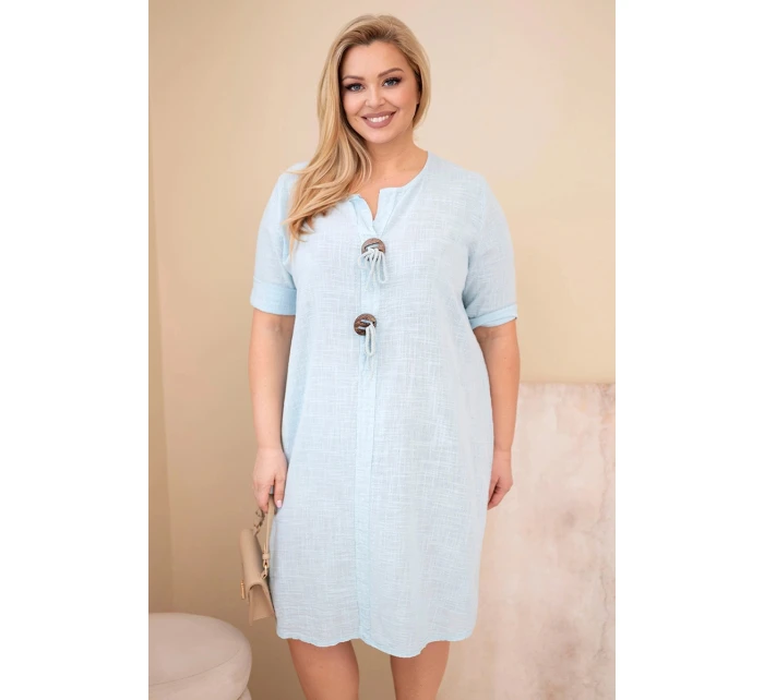 Dámske bavlnené šaty nadmernej veľkosti s kravatovým výstrihom Modrá