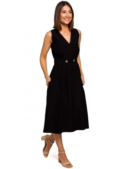 S224 Šaty bez rukávov s umelým zavinovaním - čierne