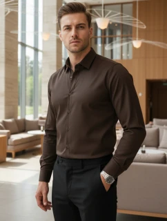 Pánská elegantní hladká tmavě hnědá košile SLIM FIT Dstreet DX2679