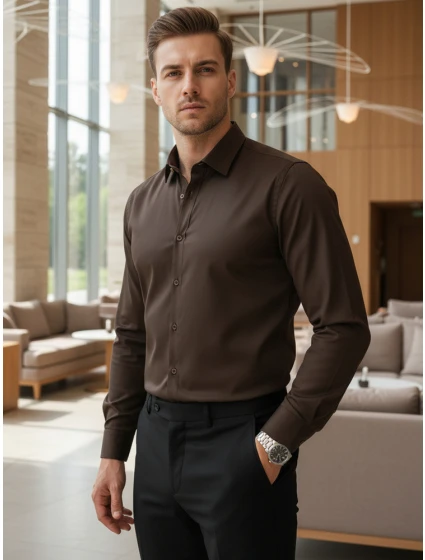 Pánská elegantní hladká tmavě hnědá košile SLIM FIT Dstreet model 21995754 - FashionStreet