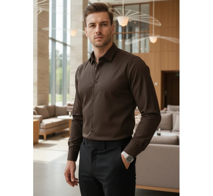 Pánská elegantní hladká tmavě hnědá košile SLIM FIT Dstreet model 21995754 - FashionStreet