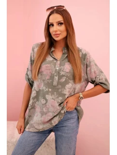 Dámske bavlnené tričko s kvetinovým vzorom a vyhrnutými rukávmi khaki