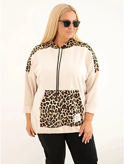 Dámska mikina Plus Size z viskózy s kapucňou a vložkami s leopardovým vzorom, béžová