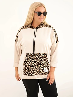Dámska mikina Plus Size z viskózy s kapucňou a vložkami s leopardovým vzorom, béžová