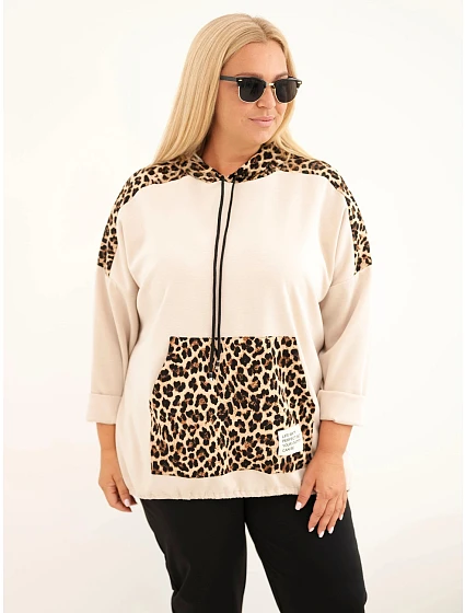 Dámska mikina Plus Size z viskózy s kapucňou a vložkami s leopardovým vzorom, béžová