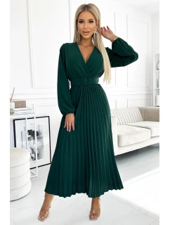 Dámské plisované midi šaty v lahvově zelené barvě s výstřihem, dlouhými rukávy a širokým opaskem model 22305960 - numoco basic