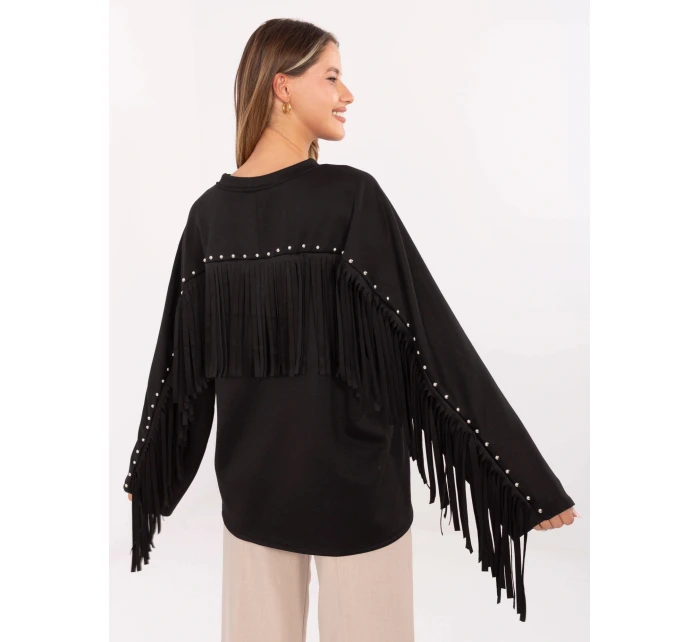 Čierna voľná dámska mikina so strapcami (21695)