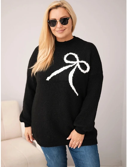 Dámský svetr Plus Size s přídavkem vlny s mašlí černý