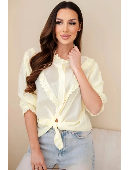 Dámske bavlnené tričko s čipkou a viazankami žlté