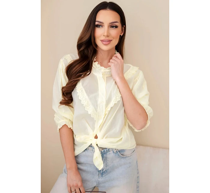 Dámske bavlnené tričko s čipkou a viazankami žlté